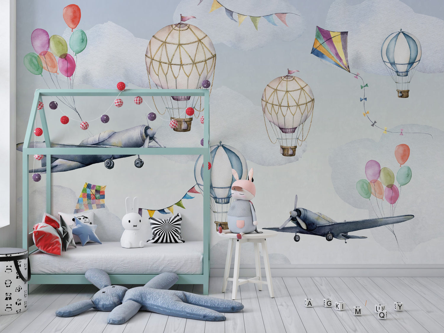 Hot Air Balloon Wallpaper, Clouds and Planes Mural