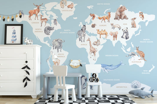 Blue World's Map Bedroom Wallpaper