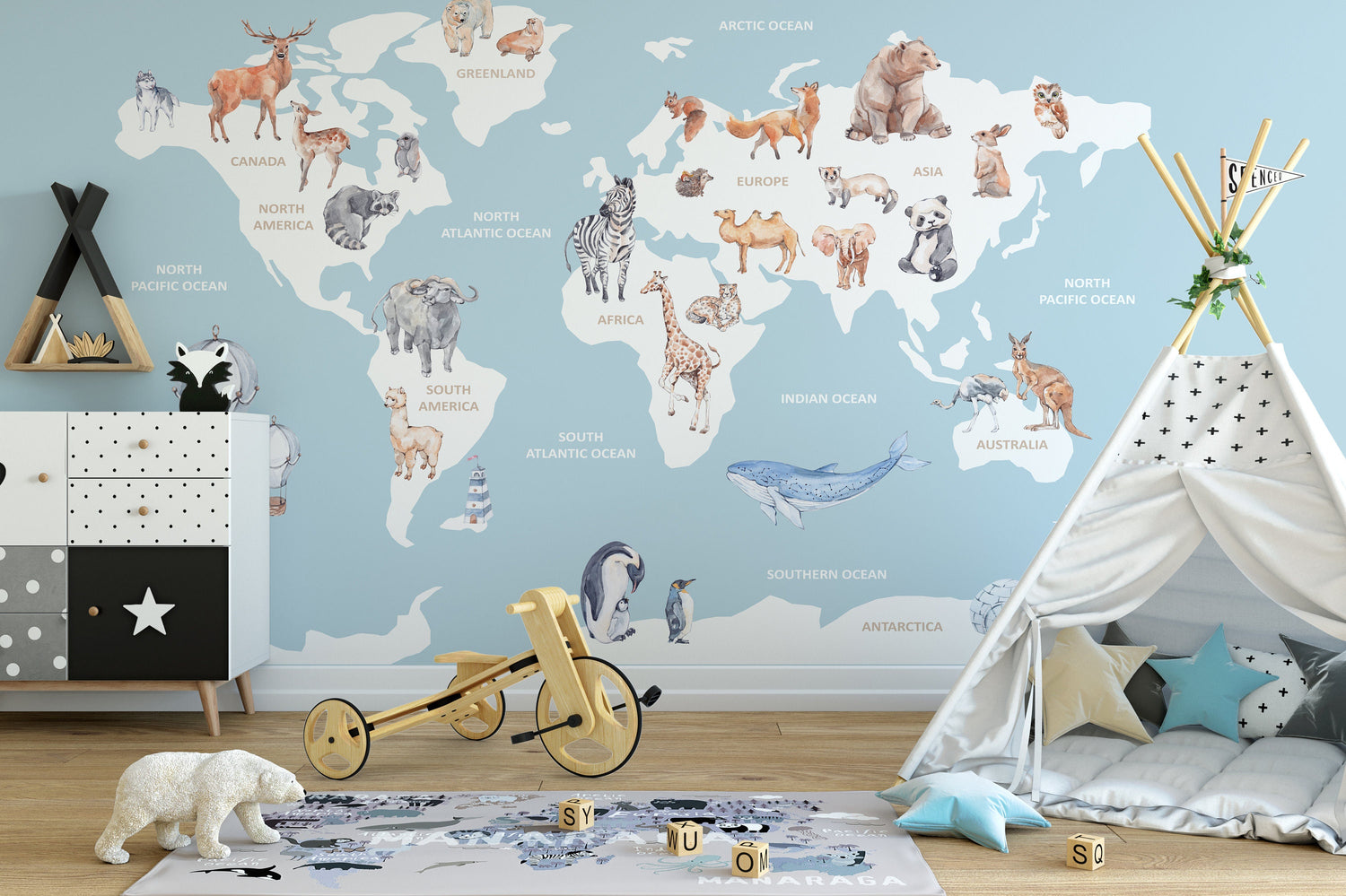 Blue World's Map Bedroom Wallpaper