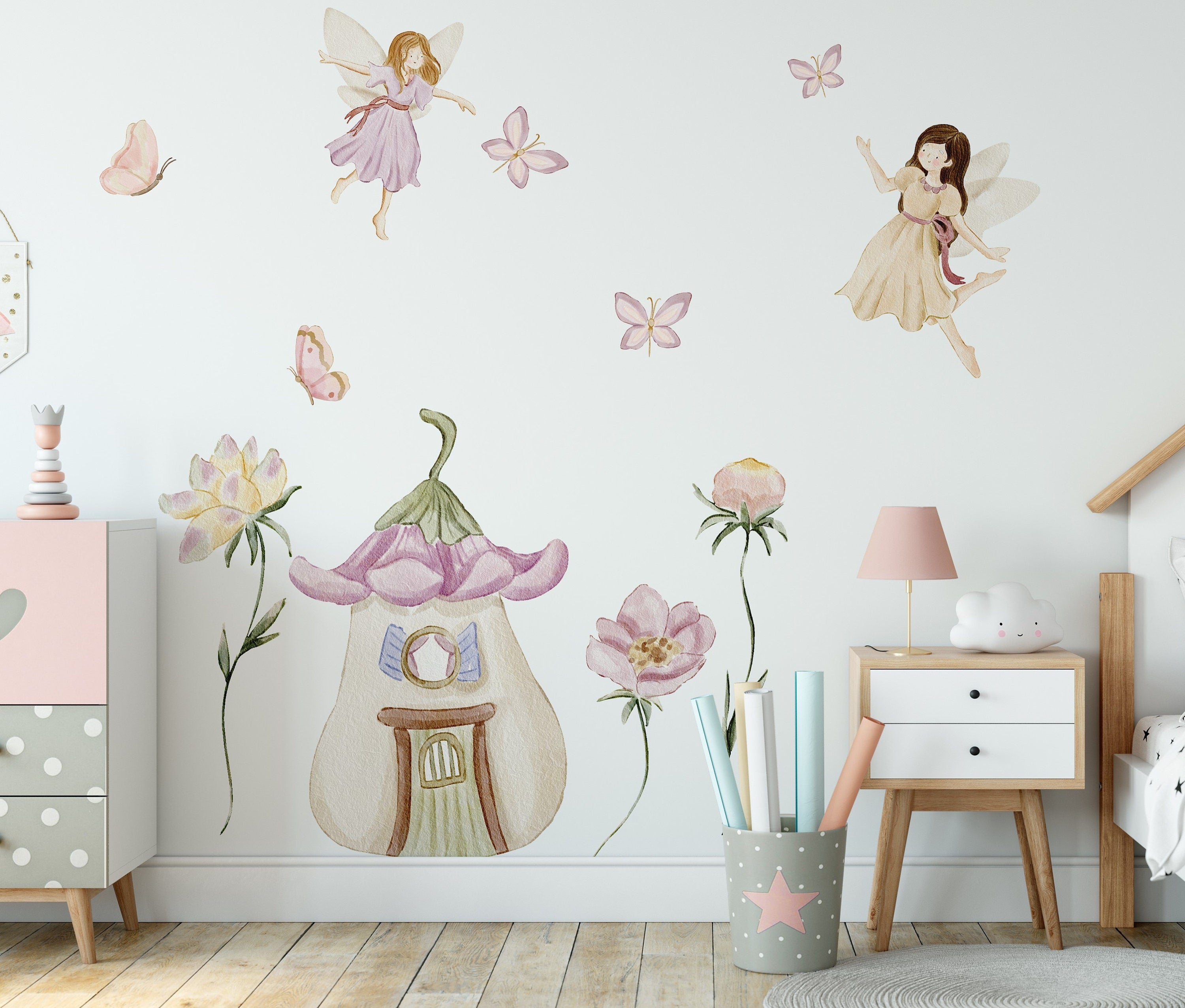 Nursery: Pink Fairies Collection - Removable Wall Adhesive Wall Decal 3 Wall Decals 26W x 30H