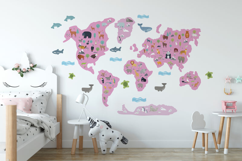 Grey World Map Wall Stickers, Map Decals, Children’s wall stickers, Grey World Map, Modern Kids Bedroom Decor, Peel and Stick