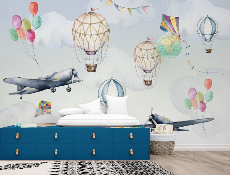 Hot Air Balloon Wallpaper, Clouds and Planes Mural