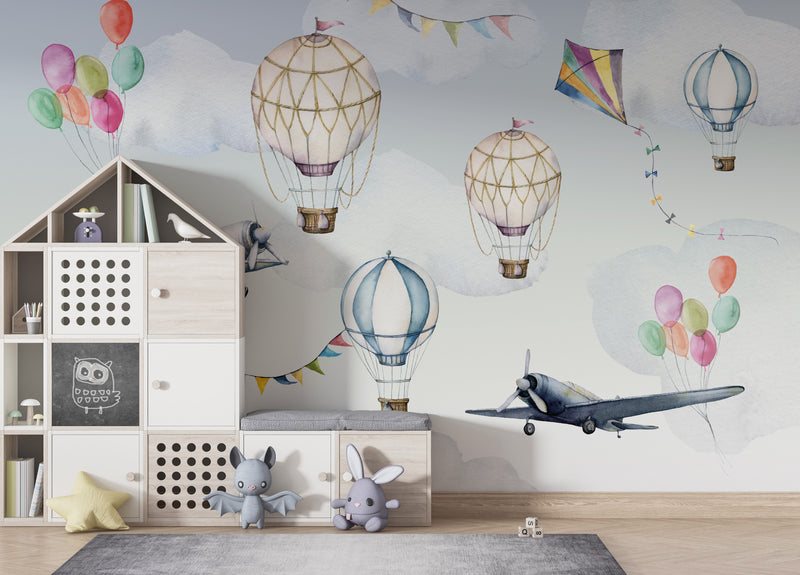 Hot Air Balloon Wallpaper, Clouds and Planes Mural