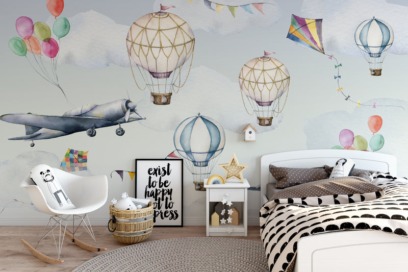 Hot Air Balloon Wallpaper, Clouds and Planes Mural