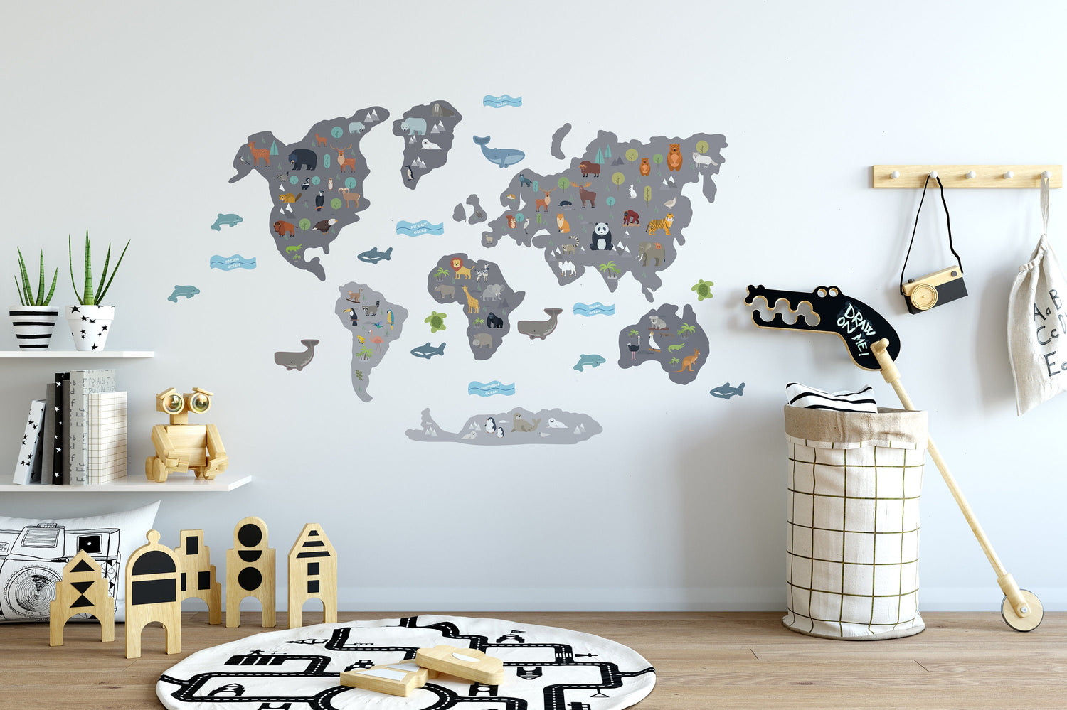 Grey World Map Wall Stickers, Map Decals, Children’s wall stickers, Grey World Map, Modern Kids Bedroom Decor, Peel and Stick