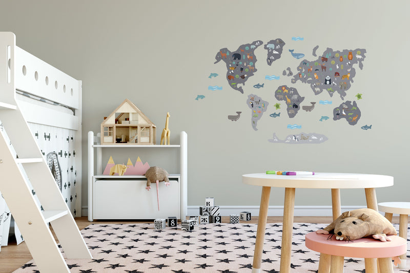 Grey World Map Wall Stickers, Map Decals, Children’s wall stickers, Grey World Map, Modern Kids Bedroom Decor, Peel and Stick