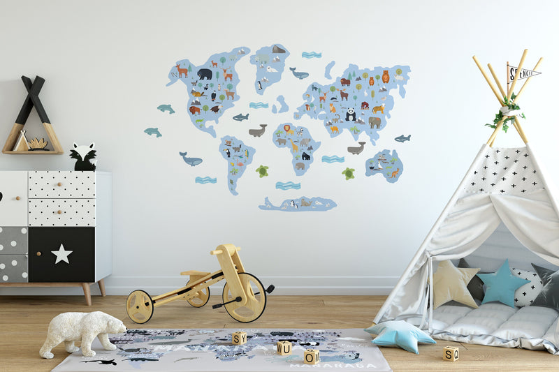 Grey World Map Wall Stickers, Map Decals, Children’s wall stickers, Grey World Map, Modern Kids Bedroom Decor, Peel and Stick