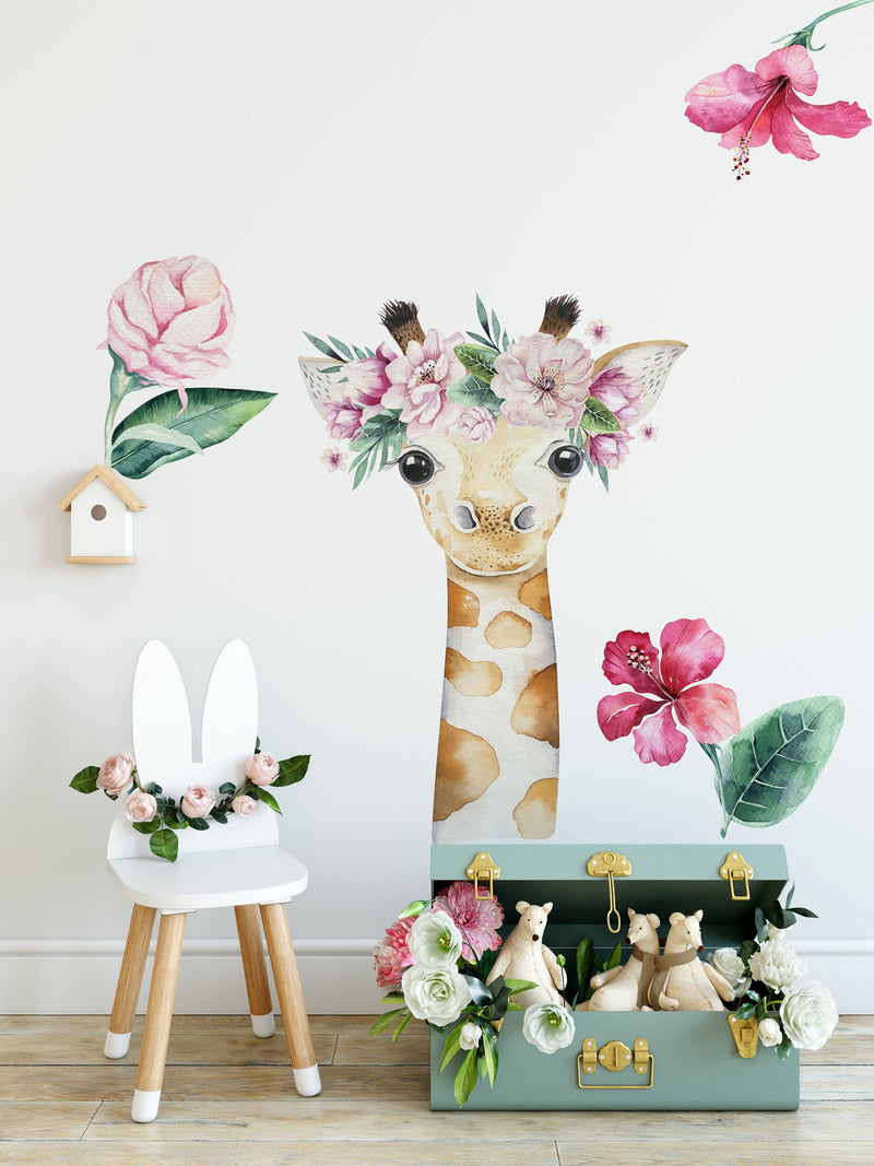 Giraffe and Tropical Flowers Wall Stickers