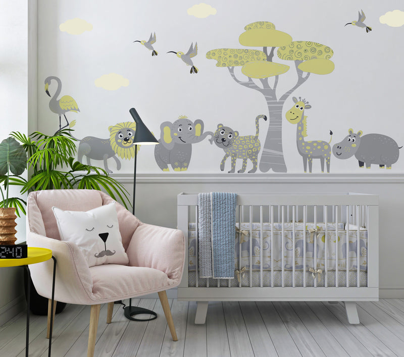 Children Wall Stickers, Safari Decal, Nursery Decor, Yellow & Grey Nursery Decor