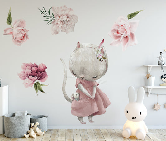 Cat and Flowers Wall Stickers