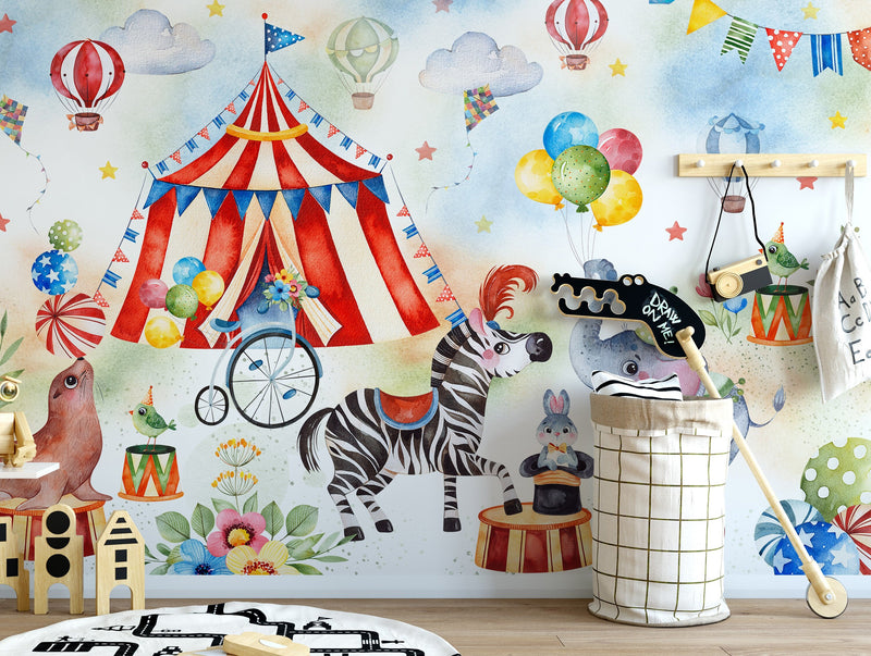 Circus Mural Wallpaper, Clown Wall Mural, Playroom Nursery Decor