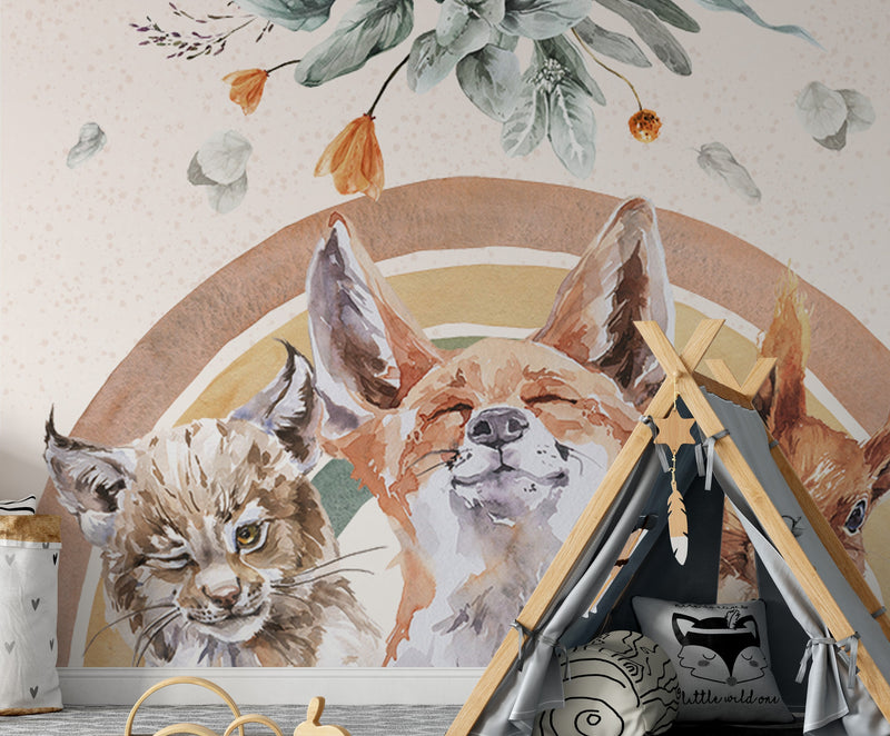 BOHO Mural Wallpaper, Forest Wall Mural, Nursery Forest Animals