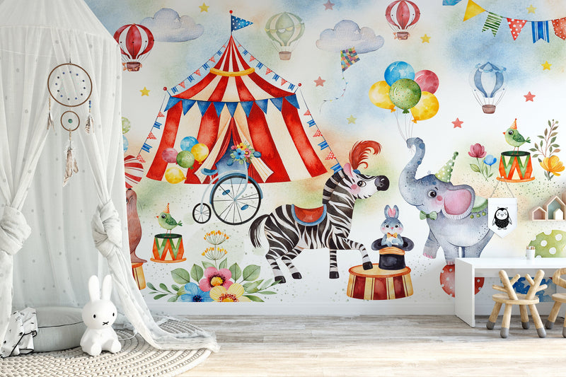 Circus Mural Wallpaper, Clown Wall Mural, Playroom Nursery Decor