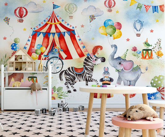 Circus Mural Wallpaper, Clown Wall Mural, Playroom Nursery Decor