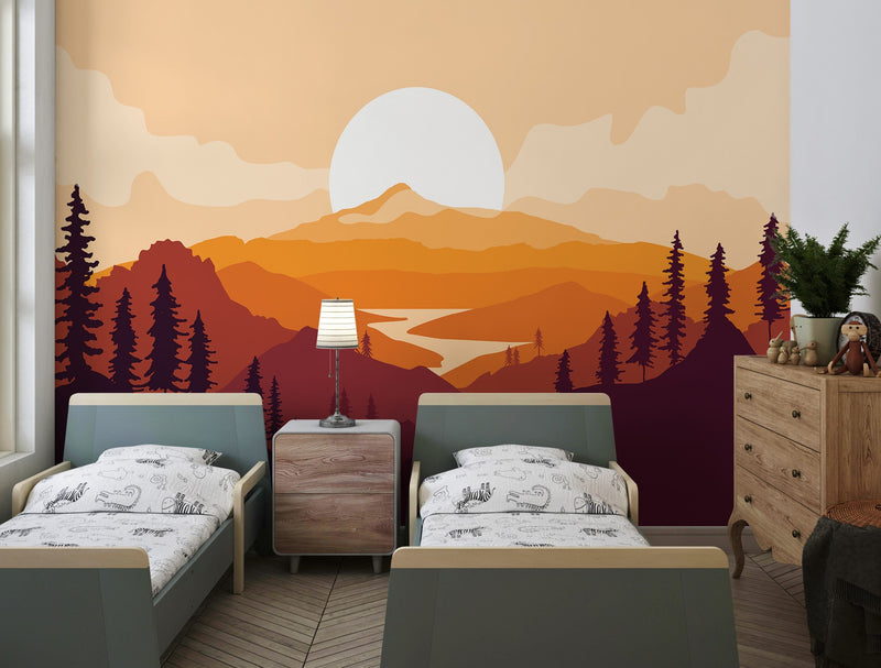Sunset Mural Wallpaper, Mountains Wallpaper