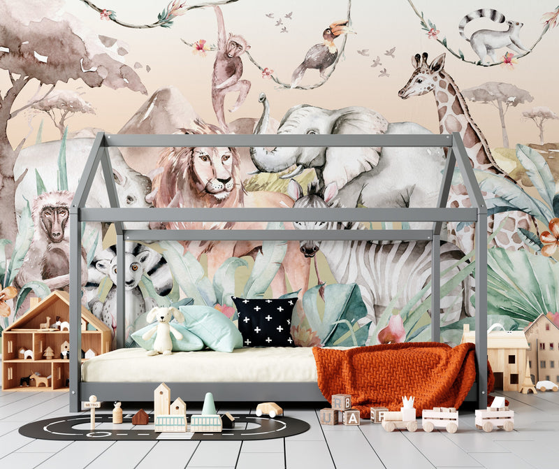 BOHO Mural Wallpaper, Safari Wall Mural, Nursery Jungle Animals, Nursery Decor, Kids Wallpaper, Safari Wall Stickers, Safari Wallpaper