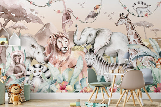 BOHO Mural Wallpaper, Safari Wall Mural, Nursery Jungle Animals, Nursery Decor, Kids Wallpaper, Safari Wall Stickers, Safari Wallpaper