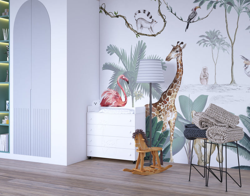 Safari Wallpaper with exotic animals, flamingo, giraffe, jungle, monkey, tropical