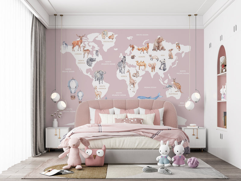 Pink World Map Wallpaper Wall Mural