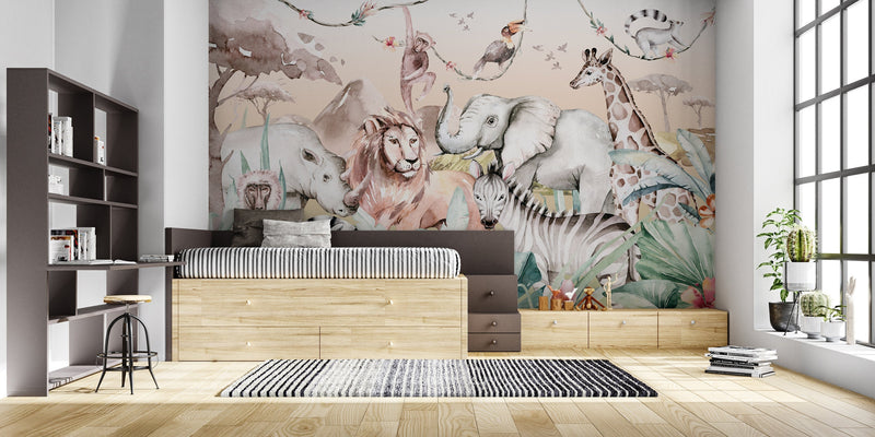 BOHO Mural Wallpaper, Safari Wall Mural, Nursery Jungle Animals, Nursery Decor, Kids Wallpaper, Safari Wall Stickers, Safari Wallpaper